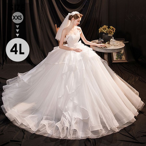 花嫁 ウェディングドレス べアトップドレス ハイウエスト フリル 小さいサイズ 大きいサイズ 着痩せ 結婚式 編み上げタイプ ロングドレス